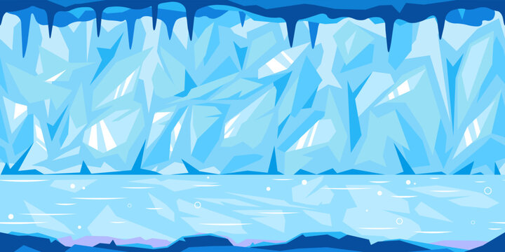 Ice blue cave with many icicles on the top tillable horizontally, cold winter ice background, light mysterious fairy-tale cave of ice, nature game background in simple colors, tileable horizontally