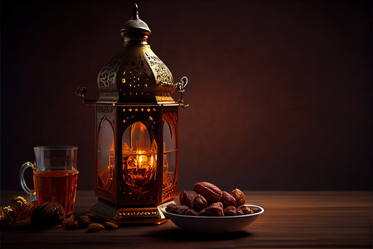 A traditional Ramadan lantern and dates on a table. Religious observance and tradition. Generative AI