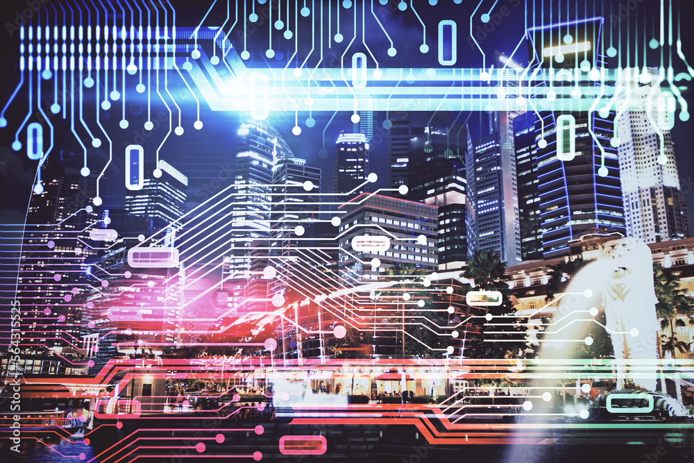 Poster data theme hologram drawing on city view with skyscrapers background multi exposure. ai concept.