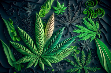 Naklejka na ściany i meble Cannabis leaves on a dark background. abstract background with Marijuana leaves. Generative AI