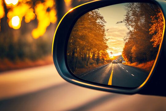 Reflection Of Car In Distance On Road In Side View Mirror Car