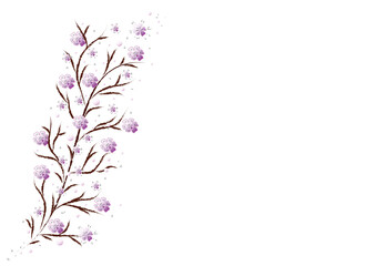 Illustration of an abstract twig with Sakura flowers. Pink blooming twig with space for text, isolated. Vector and jpg.