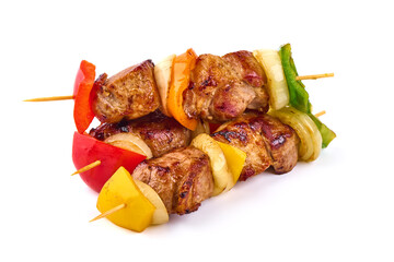 Grilled meat skewers, roasted shish kebab with onion and tomatoes, isolated on white background.