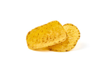 Mexican nachos chips, corn tortilla crisps, isolated on white background.