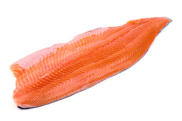 Fresh salmon fillet, isolated on white background.