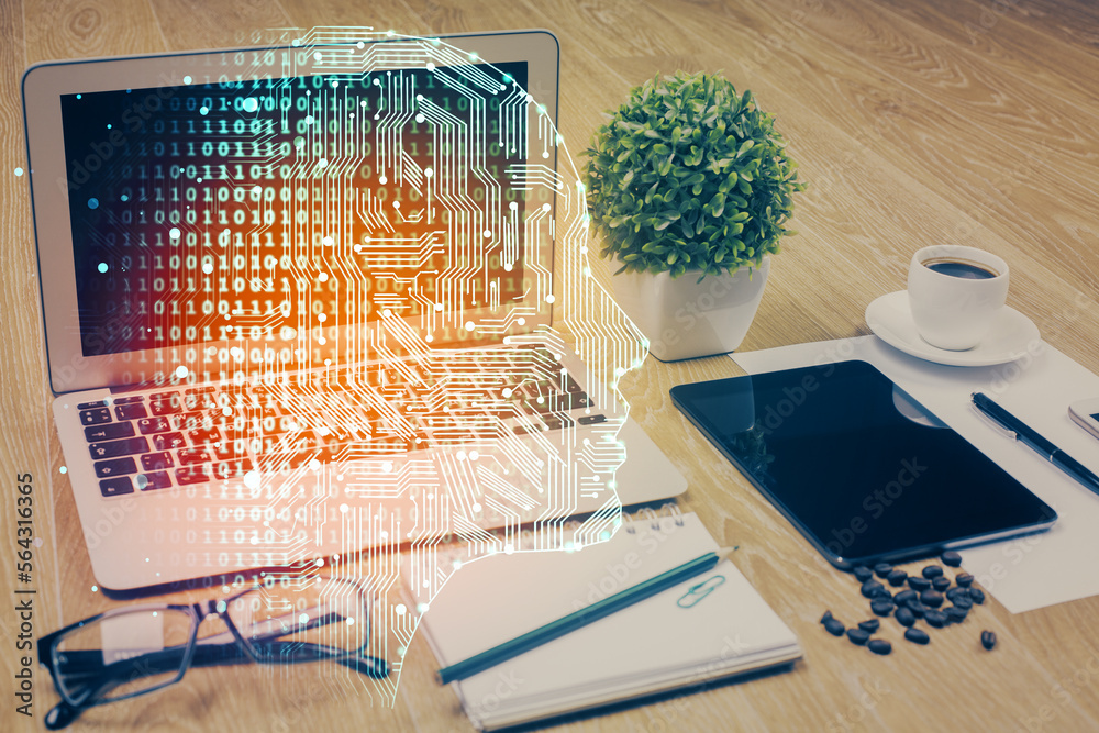 Poster Double exposure of desktop with computer and brain drawing hologram. Artificial intelligence concept.
