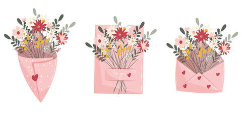 Isolated vector illustration of flower bouquets. Flowers in an envelope. Floral mail. Love concept. Happy Valentine's Day. Hand drawn trendy vector greeting card