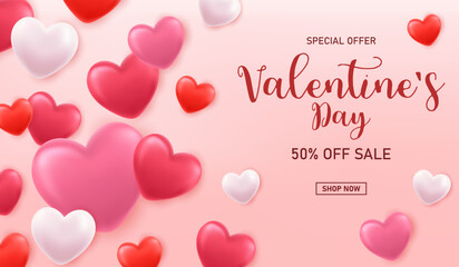 3d Valentines day sale poster with red and pink hearts background