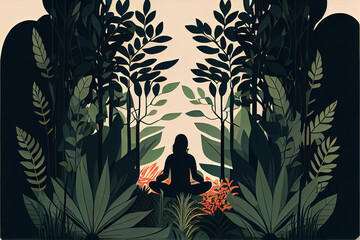 A person sitting on a yoga mat in a natural setting, surrounded by plants and trees. Mindfulness and self-care through yoga and nature. Generative AI