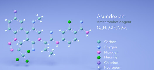 asundexian molecule, molecular structures, c26h21clf4n6o4 Antithrombotic agent, 3d model, Structural Chemical Formula and Atoms with Color Coding