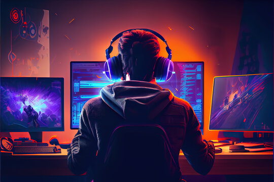 A person streaming while playing a game with a headset on, surrounded by gaming peripherals. Gaming as a hobby and lifestyle. Generative AI