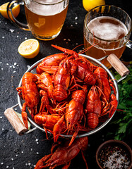 Boiled crayfish in a colander and a glass of beer. 