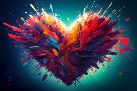 A 2D abstract explosion of hearts in a riot of hues - Generative Ai