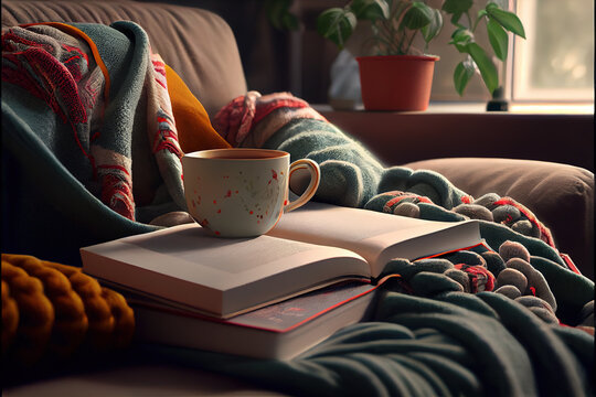 A person sitting on a couch with a blanket, a cup of tea, and a book. Comfort and self-care through reading. Generative AI