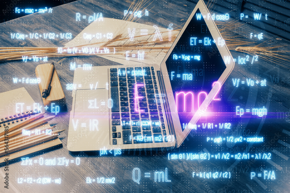 Poster desktop computer background and formula hologram writing. double exposure. education concept.
