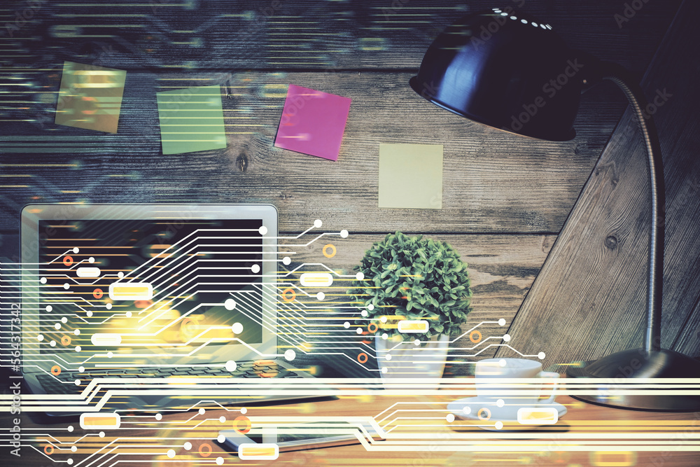 Poster Multi exposure of desktop with computer on background and tech theme drawing. Concept of big data.