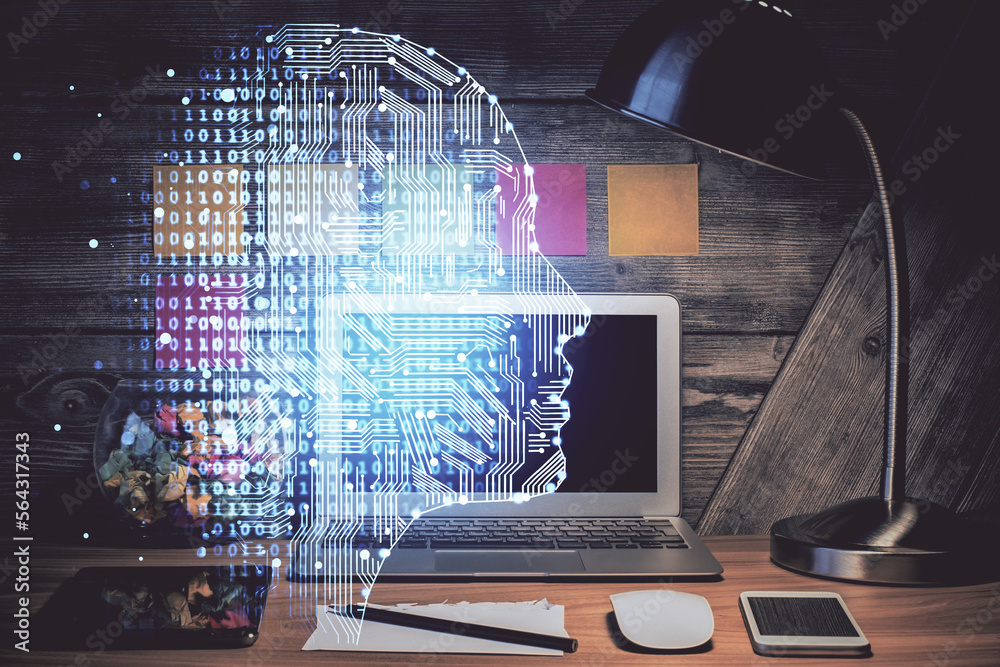 Poster double exposure of desktop computer and human brain drawing hologram. ai concept.