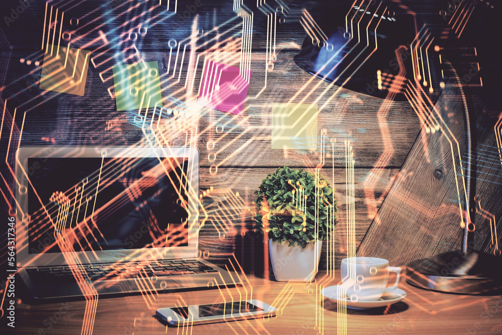 Poster computer on desktop in office with technology theme hologram. double exposure. tech concept.