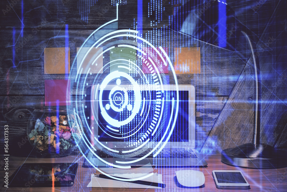 Poster Multi exposure of desktop with computer on background and tech theme drawing. Concept of big data.