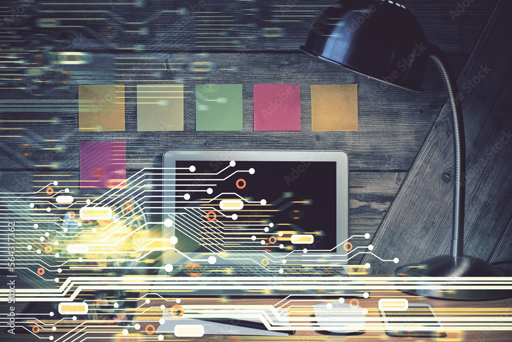 Fototapete multi exposure of desktop with computer on background and tech theme drawing. concept of big data.
