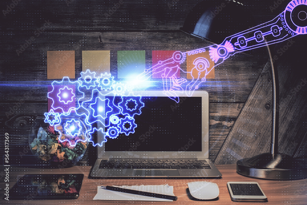 Poster Multi exposure of desktop with computer on background and tech theme drawing. Concept of big data.