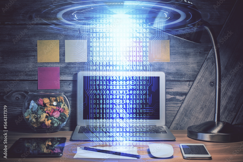 Aufkleber Multi exposure of desktop with computer on background and tech theme drawing. Concept of big data.