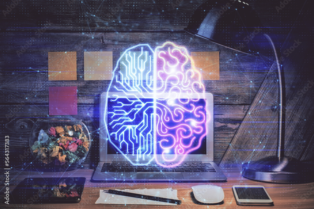 Poster double exposure of desktop computer and human brain drawing hologram. ai concept.