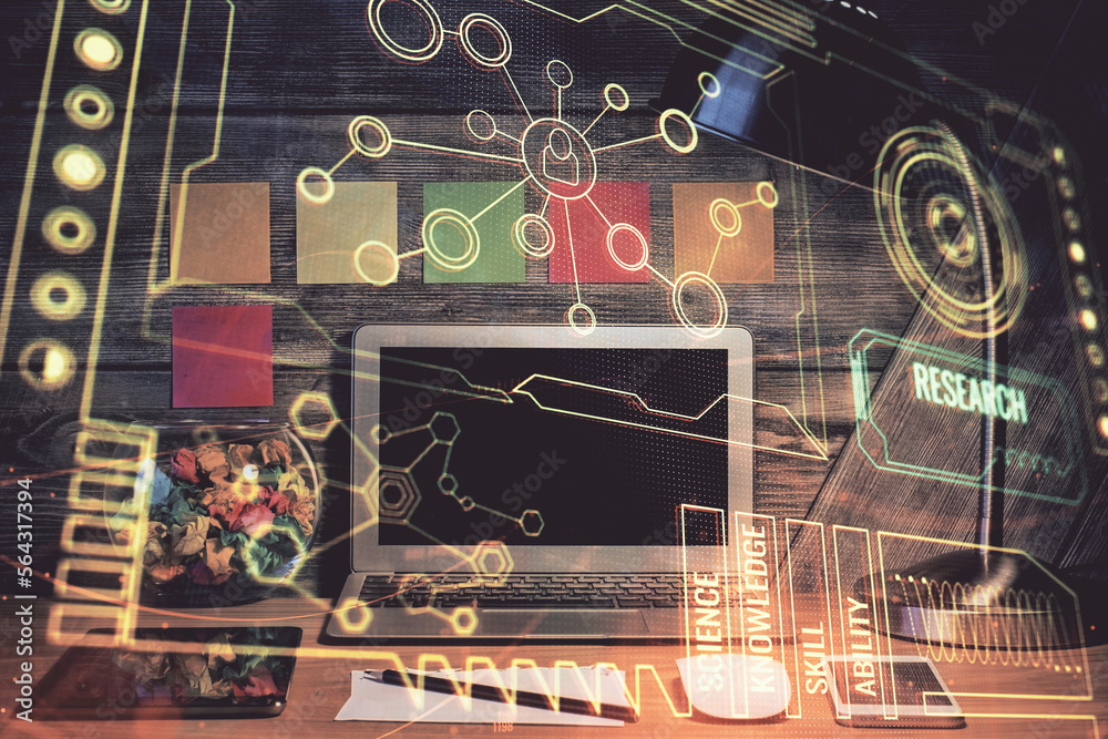 Aufkleber Multi exposure of desktop with computer on background and tech theme drawing. Concept of big data.