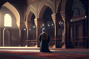 A Muslim man performing the traditional Islamic prayer at a mosque. Religious observance and devotion. Generative AI