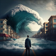 person standing with tsunami destroying town. apocalypse and natural disaster concept. generative ai - obrazy, fototapety, plakaty