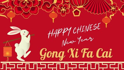 Red Chinese New Year Background with Rabbit's Symbol and Lantern Ornaments