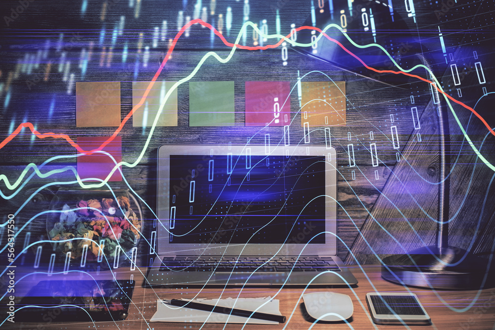 Poster Multi exposure of forex graph and work space with computer. Concept of international online trading.