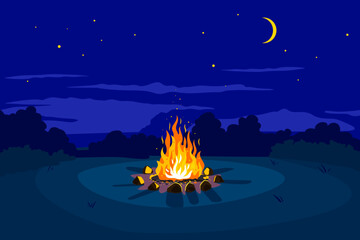 Campfire at night on glade and stars on sky with young moon, place for camping nature background, campfire with stones on round lawn, perfect spot to pitch tent - obrazy, fototapety, plakaty