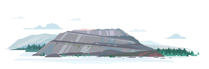 Open big gray pit quarry in mountains with spruce forest, surface mining in flat style isolated illustration, mountaintop removal mining non-ferrous metal