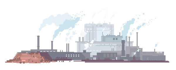 Paper mill factory with smoking pipes in flat style isolated, factory buildings silhouette, environmental pollution, making paper from wood pulp, ecology concept - obrazy, fototapety, plakaty