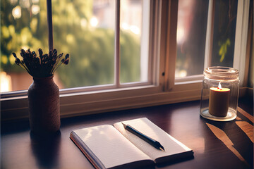 A journal and a pen set on a desk with natural light coming in through the window. Self-expression and journaling for mental health. Generative AI