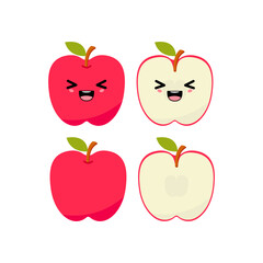 Laughing apple with kawaii emoji. Flat design vector illustration of red apple on white background