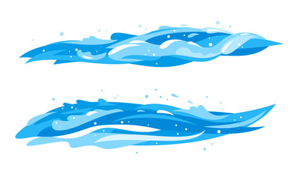 Blue water horizontal waves in side view isolated, group of twoo cartoon ocean waves, clipart compositions of waves, stream of fresh clean water