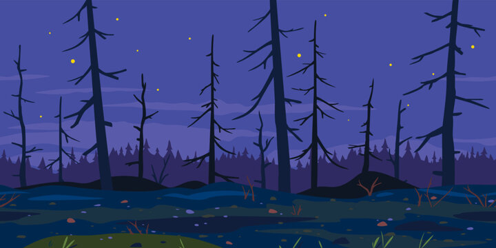 Trunks of dead trees in night forest, game background tillable horizontally, mystical spooky night forest, consequences of raising fires in forest, way through a dangerous place