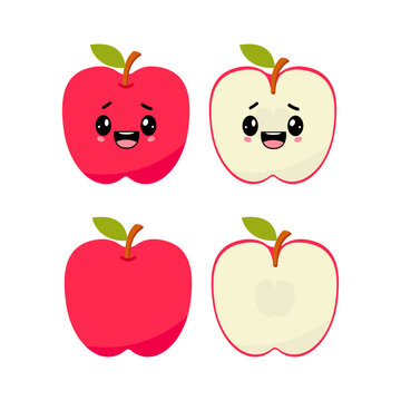 Happy apple with kawaii emoji. Flat design vector illustration of red apple on white background