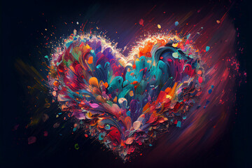 A 2D abstract canvas featuring a explosion of hearts in a burst of colors - Generative Ai