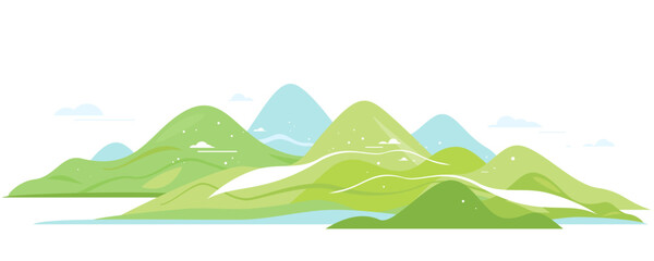 Green hills and mountains in simple geometric forms view from afar isolated composition, nature tourism place in view from afar, travel adventure panorama of the mountain range