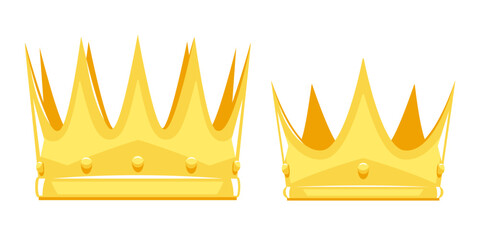 Set of two golden crowns for King and Queen with sharp edges in sample style, old power attribute in side view isolated