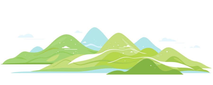 Green hills and mountains in simple geometric forms view from afar isolated composition, nature tourism place in view from afar, travel adventure panorama of the mountain range