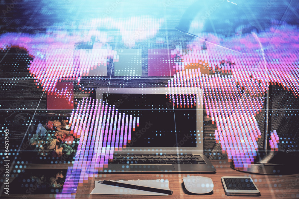 Poster double exposure of business theme icons and work space with computer background. concept of success.
