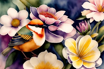 frangipani flower in the garden and bird generative AI digital illustration
