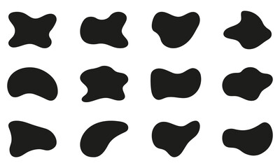 Free Form Abstract Black Silhouette Set on White Background. Irregular Random Minimal Blob Form. Asymmetric Blotch, Stain, Spot, Splodge Collection. Isolated Vector Illustration