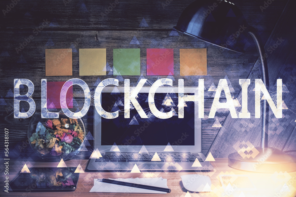Poster Double exposure of blockchain and crypto economy theme hologram and table with computer background. Concept of bitcoin cryptocurrency.
