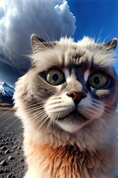 Cat taking a selfie in front of erupting volcano, generative ai	
