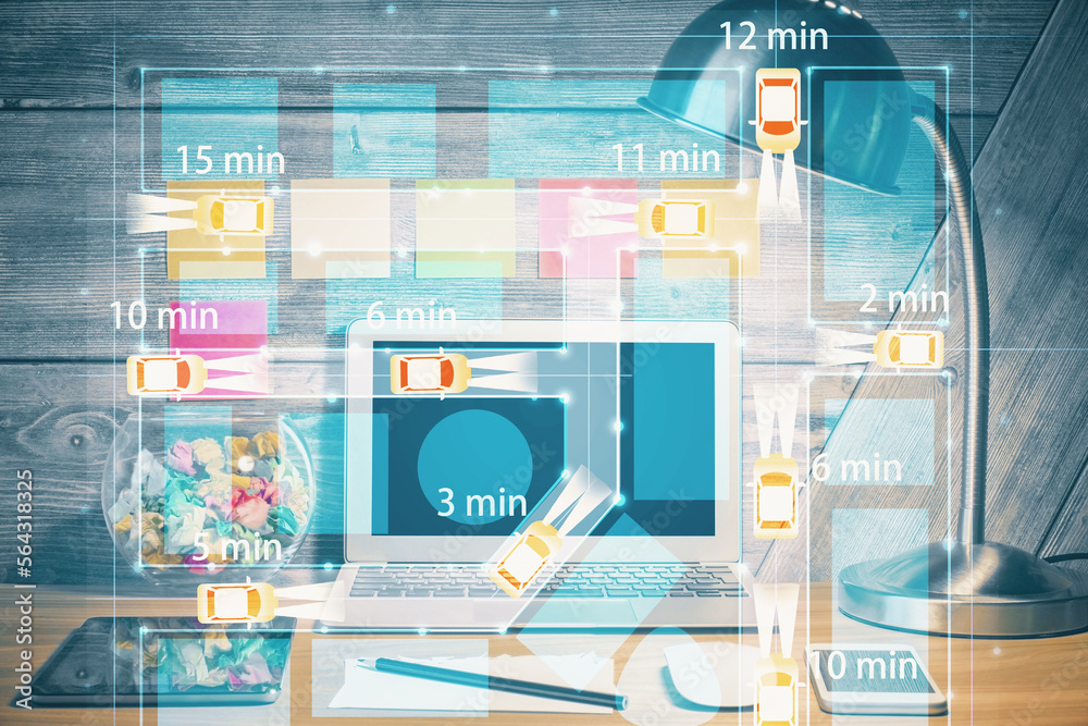 Poster desktop computer background in office with automobile hologram drawing. multi exposure. tech concept